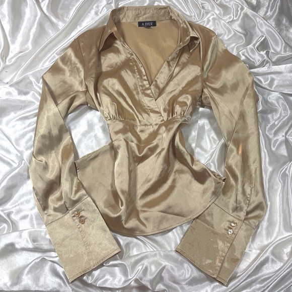 A. Byer Tops - y2k A. Byer Satin Blouse Gold Excellent Wrap V-Neck Long Sleeve Peplum Top